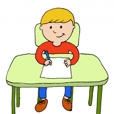 Elinde bir kalem ve bir şey yazmak için masada bir kağıt parçası ile masasında oturan bir çocuğun sevimli illüstrasyon