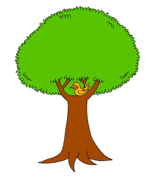 Симпатичная Иллюстрация Дерева Птицей Одной Ветвей — стоковое фото