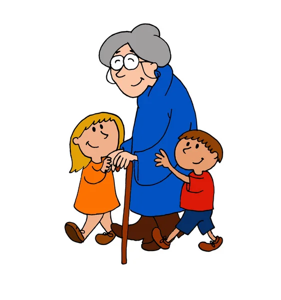 Cute Illustration Boy Girl Helping Elderly Woman Walk — Stock Photo, Image