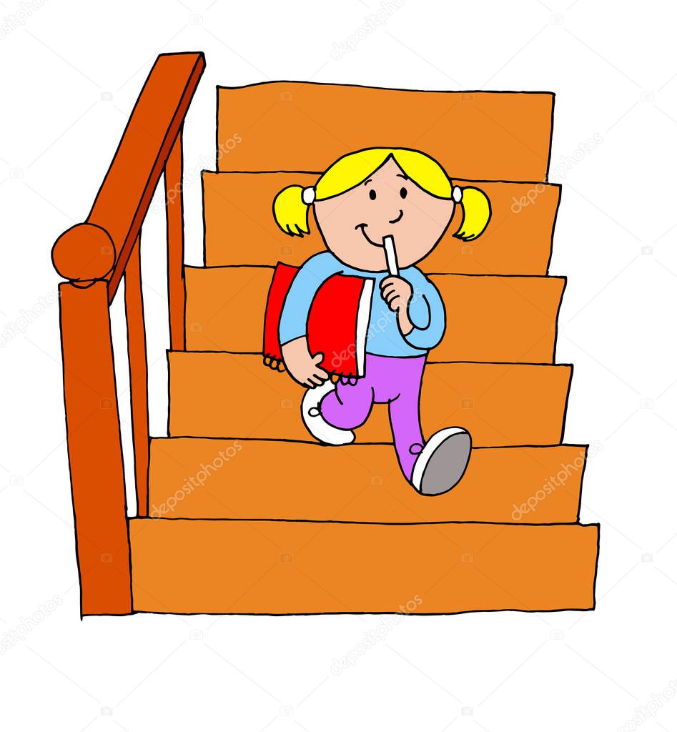 Cute illustration of a girl going down stairs while thinking about something she is going to write in the notebook she has in her hand