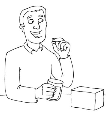 Elinde bir bardak su ile hap alan bir adam basit bir illüstrasyon