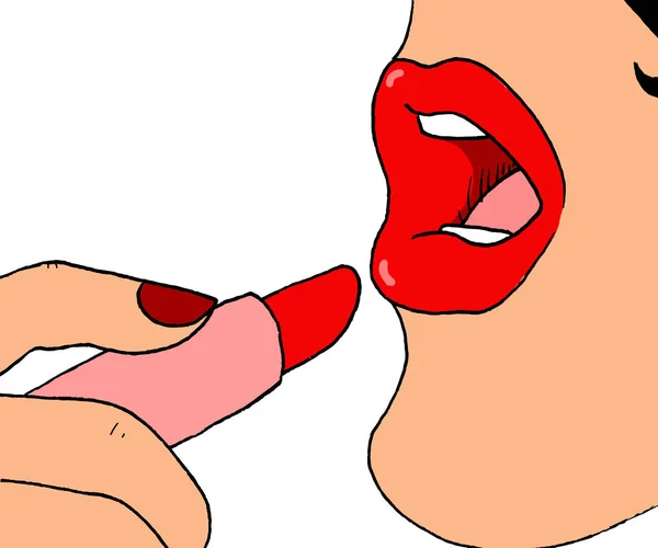 Detailed illustration of a woman\'s mouth while painting her lips red