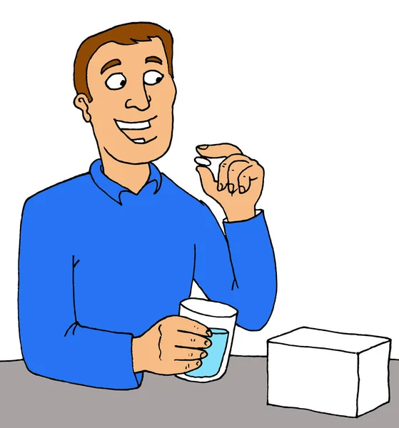 一个人手里拿着一杯水吃药的简单图解 — 图库照片