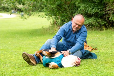 Adam ve İngiliz bulldog parkta yürüyüşe çıkıyorlar.