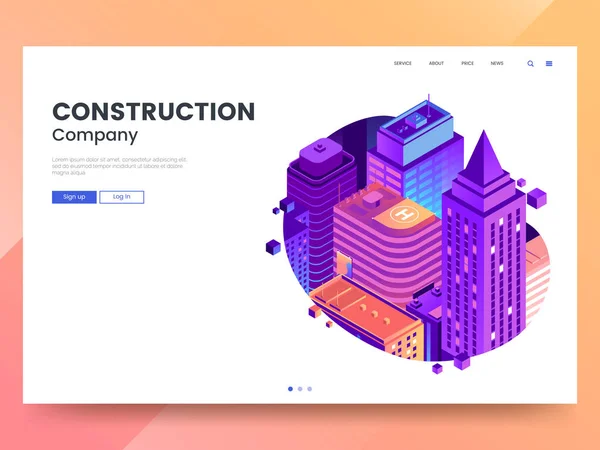 Modelo de página web da empresa de construção. Cidade vetorial isométrica com edifícios altos em cores gradientes. Design moderno de interface de landing page com ilustração colorida da cidade. Eps 10 . — Vetor de Stock