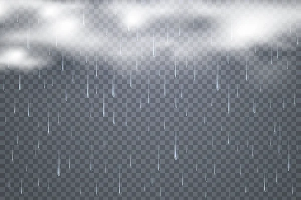 Wektor krople deszczu z chmur na przezroczystym tle. Tropikalny deszcz. Spadającej wody spada. Białe gęste chmury. Ilustracja warunków złej pogody. EPS 10. — Wektor stockowy