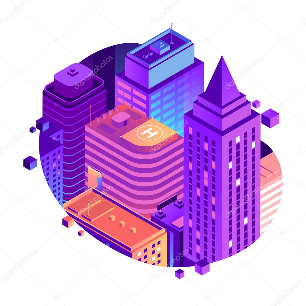Vector City isometric concept isolated on white background. High-rise city buildings in gradient colors. Modern metropolis illustration. Business center with skyscrapers and apartment buildings.