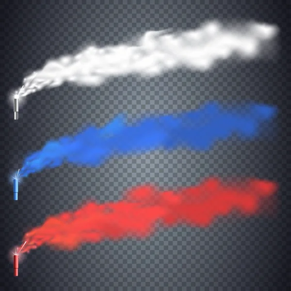 Les fans de football brûlent des feux d'artifice aux couleurs russes. Pilier de fumée rouge, bleu et blanc isolé sur fond transparent. Bombe à fumée festive colorée. Élément vectoriel pour votre design. Eps 10 — Image vectorielle