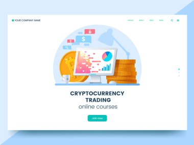 Ticaret Web sayfasında reklam kursları Cryptocurrency. Çalışma alanı ile bilgisayar ve altın sikke yığını. Dijital sikkelerin satın alma. Dijital para ticaret kavramı. Vektör eps 10.