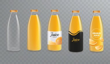 Portakal suyu şişe mockup. Vektör cam şişe mock-up şeffaf arka plan üzerinde izole. Tasarım suyu için bir etiket. Vektör eps 10.