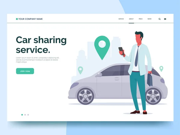 Modèle de page Web de publicité de service de covoiturage. Un homme avec un smartphone debout près de la voiture. Page de renvoi moderne pour application mobile avec illustration colorée. Concept de site Web d'entreprise. Eps 10 . — Image vectorielle