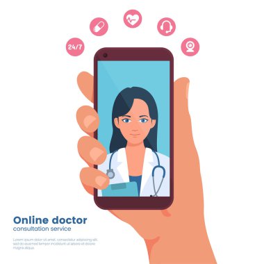 Mobil doktor illüstrasyon. Mobil tıp. Genç kadın doktor ile smartphone aygıt ekran üzerinde tutan el. Video sohbeti yapın doktor. Düz tasarım kavramı. Vektör eps 10.
