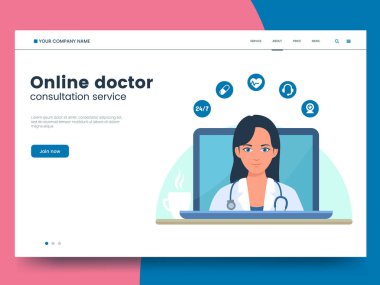 Online Doktor Web sitesi kavramı. Genç kadın doktor dizüstü bilgisayar ekranında. Teletıp faydaları illüstrasyon. Sağlık online hizmet Modern tıp açılış sayfası şablonu. EPS 10.