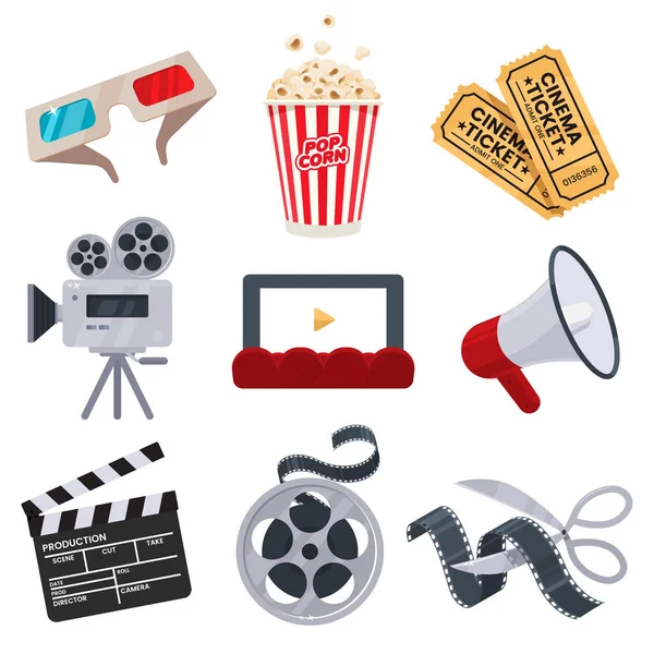 Sinema simgeler düz stil ayarlayın. Film endüstrisi nesneler. Beyaz izole renkli sinema illüstrasyonlar. Sinema için tasarım öğeleri. Vektör eps 10