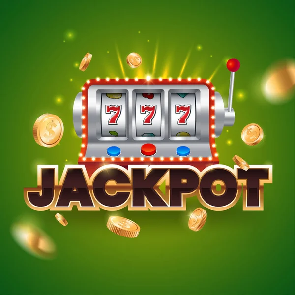 Jackpot gyllene text kasino slot maskin. Stor vinst 777 lotteri casino vektorillustration. Flygande guld mynt. EPS-10. — Stock vektor