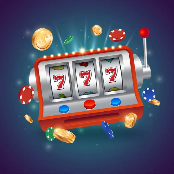 Casino slot makinesidir. Büyük zafer 777 piyango casino vektör çizim. Oynarken uçan altın madeni paralarla fişleri. EPS 10.