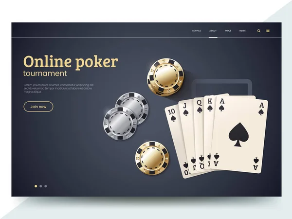 Plantilla de landing page del torneo de poker online. Jugando a las cartas con fichas de oro y plata. Ilustración vectorial para casino en internet. Diseño moderno de interfaz de página web para juegos de azar. Eps 10 . — Archivo Imágenes Vectoriales