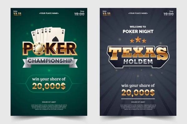 Casino poker turnaj a4 leták. Zlatý text s hraní čipy a karty. Texas holdem mistrovství. Poker party pozvání šablona. Vektorové ilustrace. — Stockový vektor