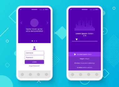 Kavramsal cep telefonu mock-up app arayüz tanıtımı için. Kullanıcı arayüzü tasarım konsepti. Smartphone ekran renkli arka plan üzerinde. Vektör eps 10.