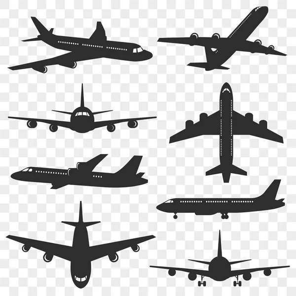 Conjunto de siluetas de aviones. Silueta plana aislada sobre fondo transparente. Aviones de pasajeros en diferentes ángulos. Vector eps 10 . — Archivo Imágenes Vectoriales