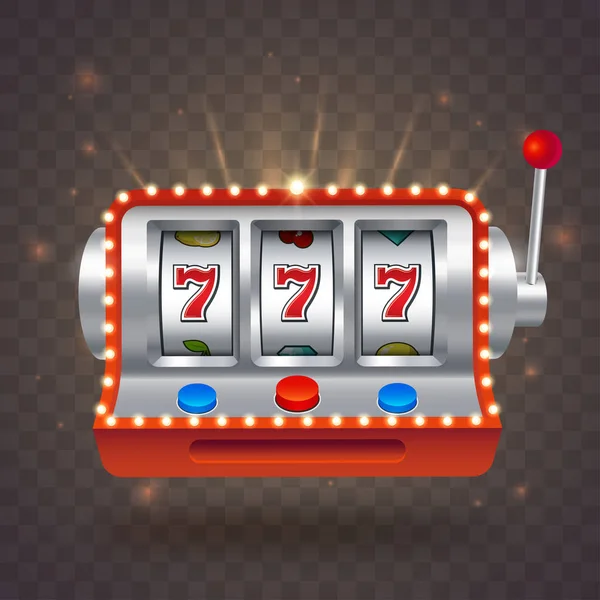 Векторный игровой автомат с ярким освещением изолирован на прозрачном фоне. Большой выигрыш 777 лотерейное казино. Одна иллюстрация вооруженного бандита. Семь счастливых азартных игр . — стоковый вектор