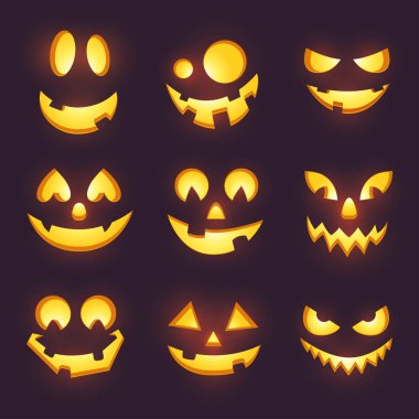 Koyu arka plan üzerinde izole vektör ürkütücü parlak yüzü. Cadılar Bayramı Balkabağı yüzler oyma ayarlayın. Komik ve korkunç göz ve ağız. Emojis kutlama tasarımınız için. EPS 10.