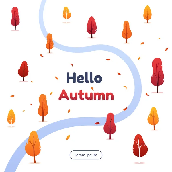 Hello autumn vector illustration. Autumn forest with falling foliage. Colorful trees silhouettes and small river in minimalism flat style. Design elements for greeting card, web banner, invitation. — Stock Vector