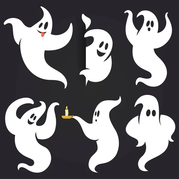 Смешной Хэллоуин призрак набор в разных позах. Белый летающий жуткий призрачный силуэт изолирован на тёмном фоне. Традиционный праздничный элемент для Вашего дизайна. Векторная иллюстрация . — стоковый вектор