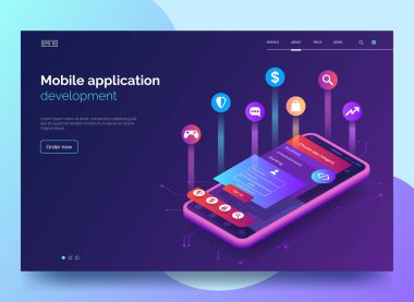 Mobil uygulama geliştirme vektör çizim. Uygulamanın düzeni ile izometrik cep telefonu. Kullanıcı deneyimi, Kullanıcı arabirimi. Gadget'ı yazılım. Ana şablonu. tasarım. EPS 10.