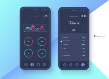 Kavramsal siyah cep telefonu mock-up app arayüz tanıtımı için. Kullanıcı arayüzü tasarım konsepti. Smartphone ekran renkli arka plan üzerinde. Vektör eps 10.