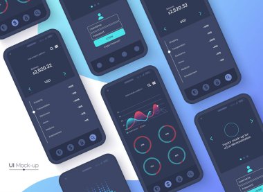 Kavramsal siyah cep telefonu kullanıcı arabirimi için Kullanıcı deneyimi sunma. Smartphone mock-up Mavi degrade arka plan üzerinde. Mobil uygulaması tasarım konsepti. Vektör eps 10.