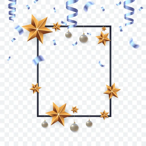 Dekorativer festlicher Rahmen mit goldenen Weihnachtssternen, fallendem blauem Konfetti und silbernen Weihnachtskugeln. isoliert auf transparentem Hintergrund. Gestaltungselement für den Urlaub. Vektor Folge 10. — Stockvektor