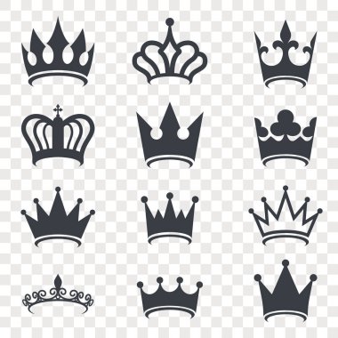 Saydam arka plan üzerinde izole siyah taç siluet. Royal Crown simgeler koleksiyonu. Yüksek durum öğesi. Tasarımınız için öğe. Vektör çizim.