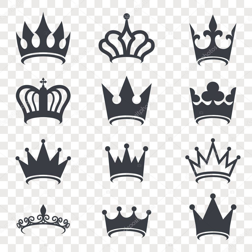 Black crown silhouette isolated on transparent background. Royal Crown icons collection. High status item. Element for your design. Vector illustration.
