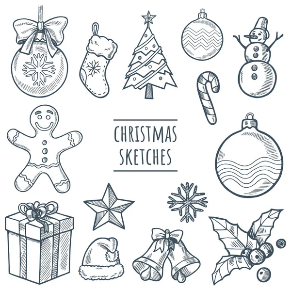 Weihnachtsvektor Handgezeichnetes Skizzenset Doodle Illustration Mit Weihnachtsgegenständen Isoliert Auf Weißem — Stockvektor