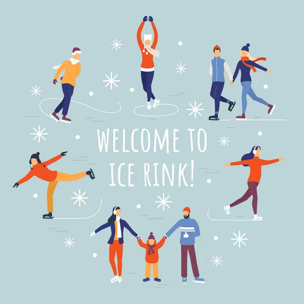 は氷スケートのベクトル図です 漫画のキャラクターと雪が降っている冬の氷スケート リンク パーティー あなたのデザインのフラットの組成物 Eps — ストックベクタ