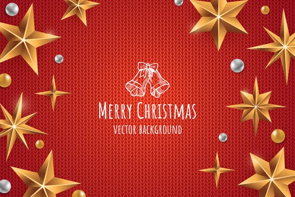 Feliz navidad vector de fondo. Estrellas de Navidad doradas con cuentas de oro y plata sobre tejido de lana roja. Campanas dibujadas a mano. Elementos decorativos para su diseño. Tarjeta de felicitación plantilla — Vector de stock