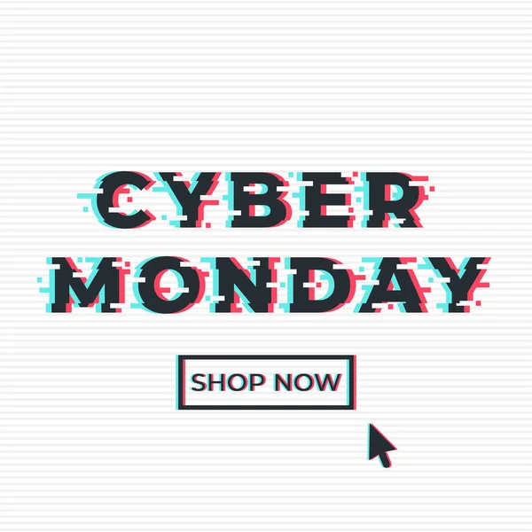 Cyber lunedì promozione banner web in stile glitch. Acquista ora pulsante e cursore del mouse. Concetto per negozio online. Illustrazione vettoriale — Vettoriale Stock