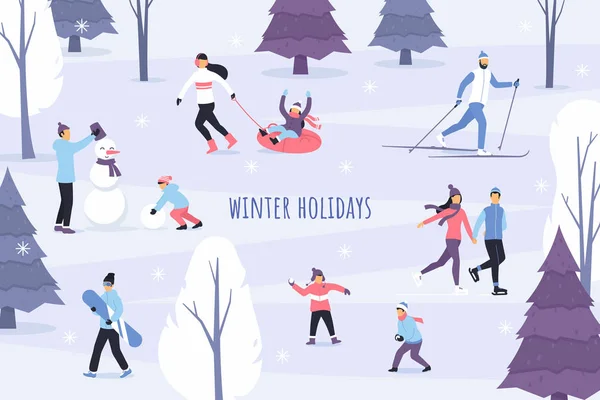 Ilustración vectorial temporada invierno. Juegos y actividades al aire libre. Gente en el parque de invierno. Personajes planos patinaje sobre hielo, esquí, hacer un muñeco de nieve, jugar bolas de nieve y divertirse. Bosque nevado paisaje . — Archivo Imágenes Vectoriales