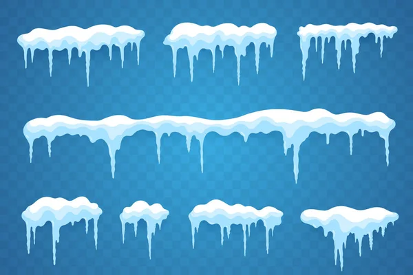 Sneeuw Ijspegels Set Geïsoleerd Transparante Achtergrond Snowcap Randen Besneeuwde Vectorelementen — Stockvector