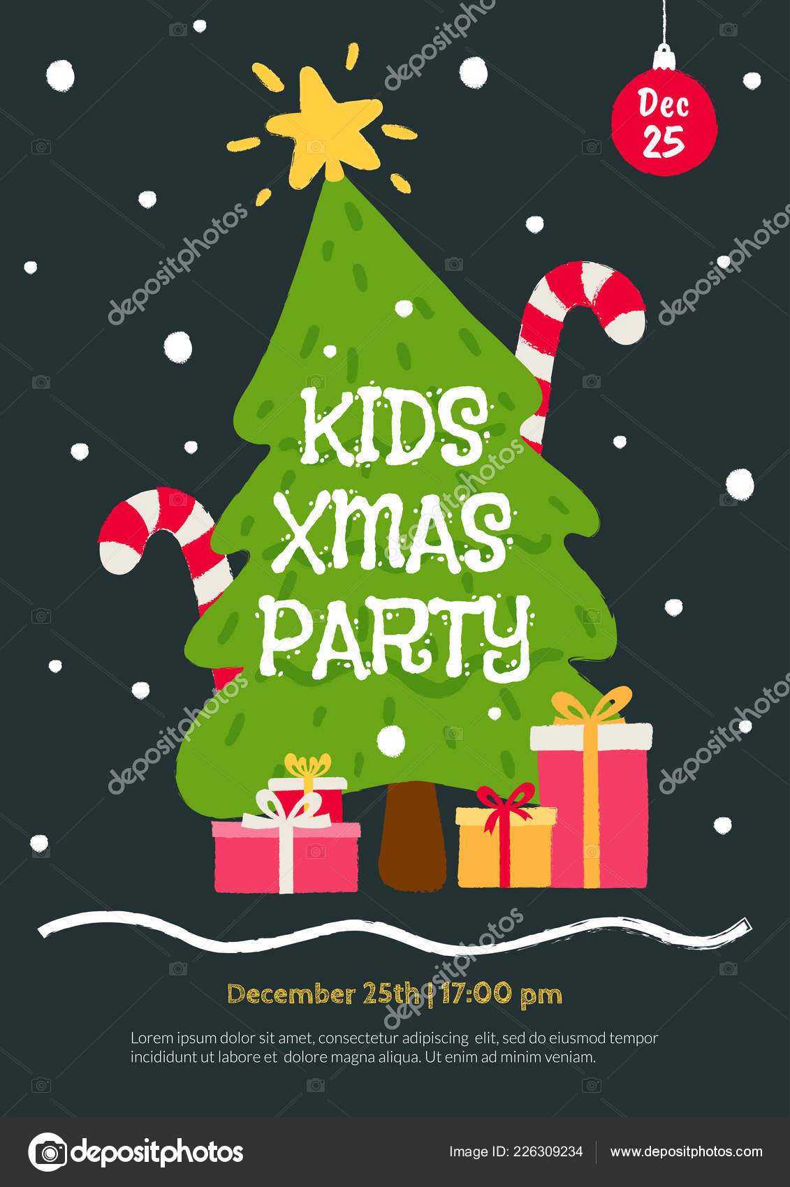 Kids Christmas Party Flyer Kids Christmas Party Invitation Template Flat Cartoon Illustration With Christmas Tree Gifts And Falling Snow Flyer For Childrens Event In Hand Drawn Style Winter Holidays Card Design