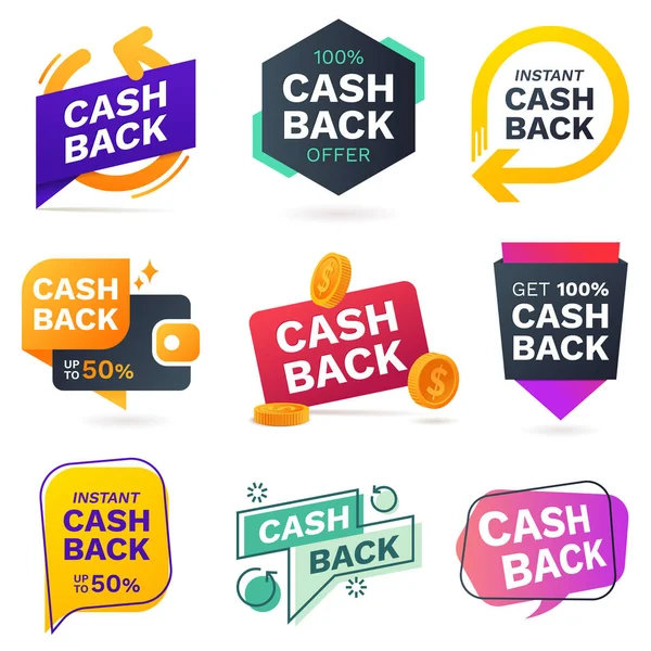 Dinheiro de volta ícones definidos. Coleção de banner cashback colorido. Sinais de reembolso do dinheiro. Retorno de dinheiro de compras. Emblemas de promoção para o seu negócio. Ilustração vetorial . — Vetor de Stock