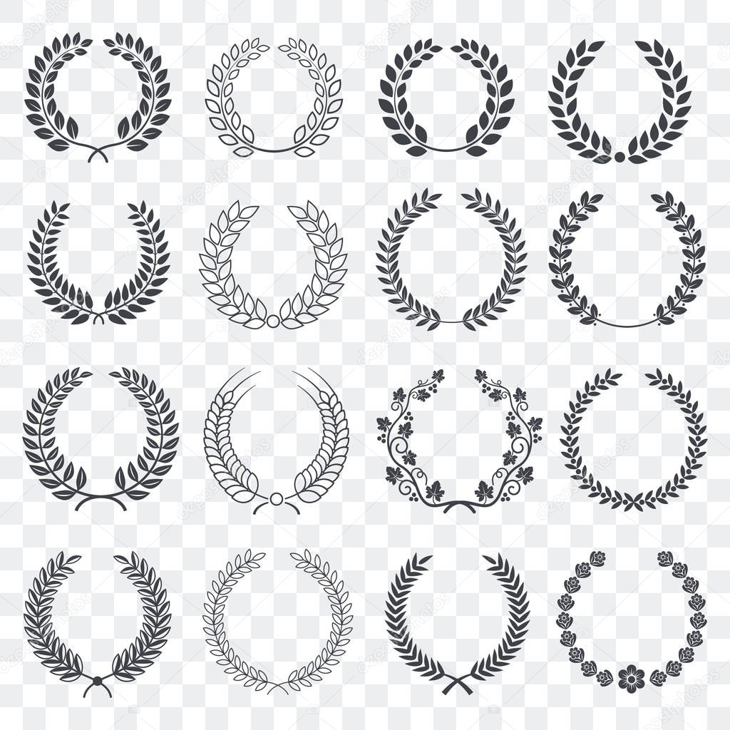 Vintage laurel wreath set. Circular wreath collection isolated on transparent background. Symbol of victory, award, luxury, anniversary. Decoration elements for your design. Vector illustration.