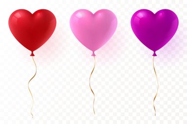 Vektör Kalp balonlar kümesi üzerinde şeffaf arka plan izole şeklinde. Kırmızı, pembe ve mor parlak balon altın şerit ile. Sevgililer günü veya düğün için festival dekorasyon öğe. EPS 10.