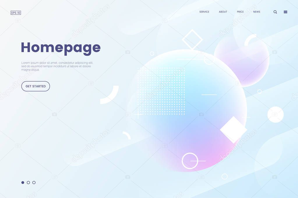 Vector homepage template with abstract dynamic background. 3d shpere with geometric pattern. Soft light background in modern gradient color. Backdrop for web site. Eps 10.