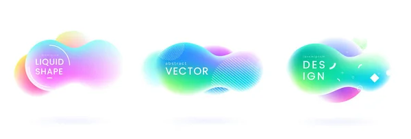 Conjunto de crachás líquidos coloridos. Formas de fluido abstrato com cores gradientes. Nuvens holográficas isoladas em fundo branco. Elementos de design da moda para decoração de texto. Vetor eps 10 . —  Vetores de Stock