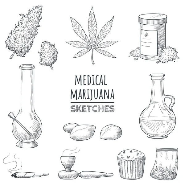 Marijuana medicinal desenhado à mão esboços. Botões de maconha, folha de maconha, maconha conjunta, bong, óleo, cachimbo de fumar, assar, saco de embalagem, sementes de ganja. Elementos para o seu design em estilo doodle. Vetor eps 10 . — Vetor de Stock