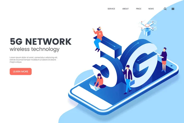 Ilustrasi vektor teknologi nirkabel 5G. Ponsel pintar aneh dengan huruf besar 5g dan orang-orang kecil. Internet mobile berkecepatan tinggi. Menggunakan perangkat digital modern. Templat halaman web . - Stok Vektor