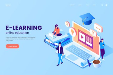 Online eğitim vektör çizim. E-öğrenme platformu. Çalışma alanı ile dizüstü bilgisayar, kitap, mezuniyet kap, fincan kahve ve küçük insanlar. İzometrik tarzı. Çevrimiçi okul reklam. Öğrenme süreci.