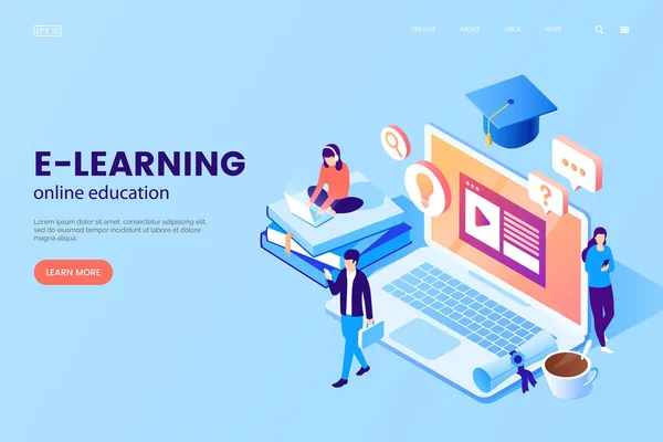 Online eğitim vektör çizim. E-öğrenme platformu. Çalışma alanı ile dizüstü bilgisayar, kitap, mezuniyet kap, fincan kahve ve küçük insanlar. İzometrik tarzı. Çevrimiçi okul reklam. Öğrenme süreci.